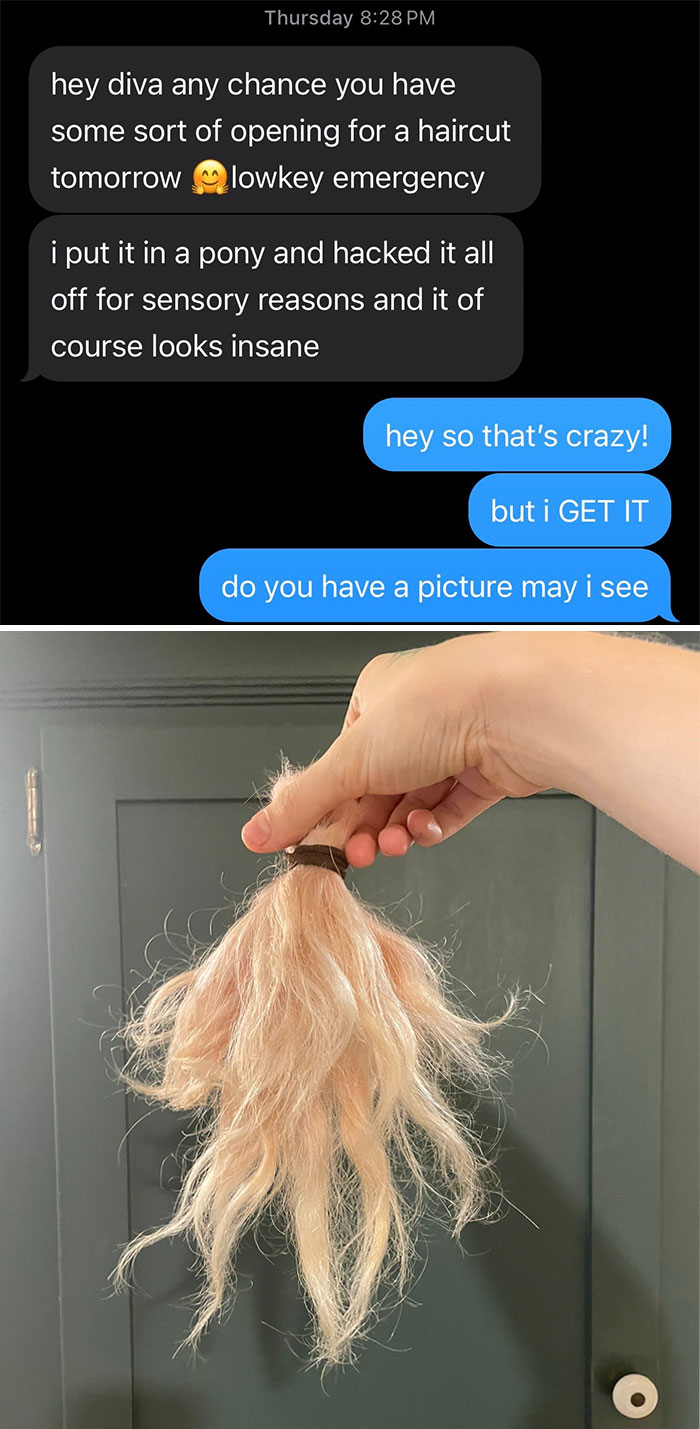 Client texts requesting a last-minute haircut showing entitlement with a picture of hacked-off hair held by a hand.