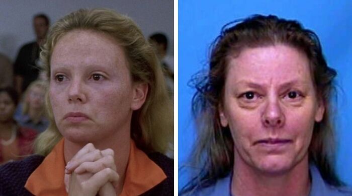 Side-by-side images of a woman in a film scene and a real-life mugshot highlighting Netflix doc errors about a famous serial criminal.