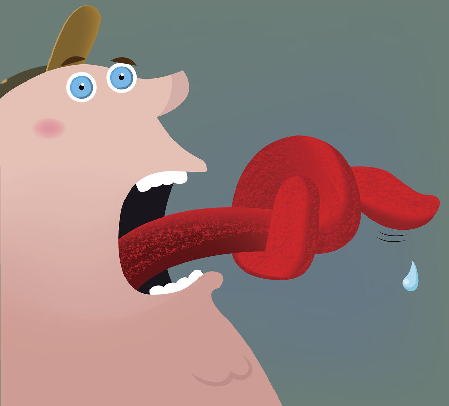 Cartoon of a person with a tongue tied in a knot, illustrating difficult tongue twisters to stump anyone.