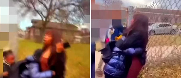 A pregnant woman being confronted outdoors by a group of young school kids wearing jackets near a chain-link fence. A pregnant woman being confronted outdoors by a group of young school kids wearing jackets near a chain-link fence.
