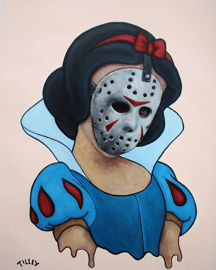 Creepy painting by Tyler Tilley showing a dark figure in a Snow White dress wearing a horror mask.