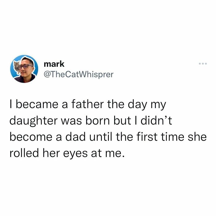 Father reflects on parenting moment as daughter rolls her eyes, capturing relatable parenting and marriage tweets humor.