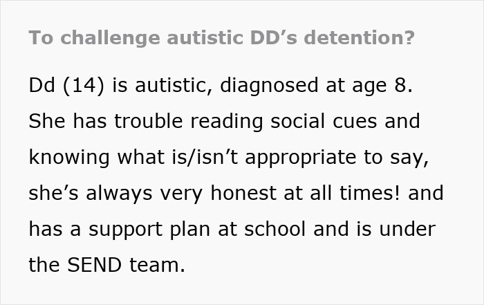 Text excerpt explaining a 14-year-old autistic teen’s difficulties reading social cues and school support plan details.