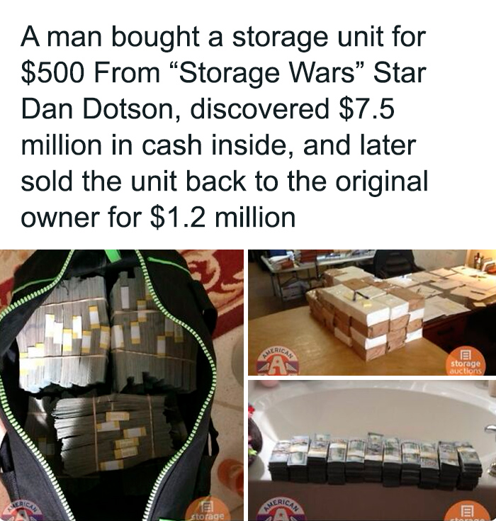 Stacks of cash found in storage unit, featured on an IG page sharing daily facts and interesting stories.