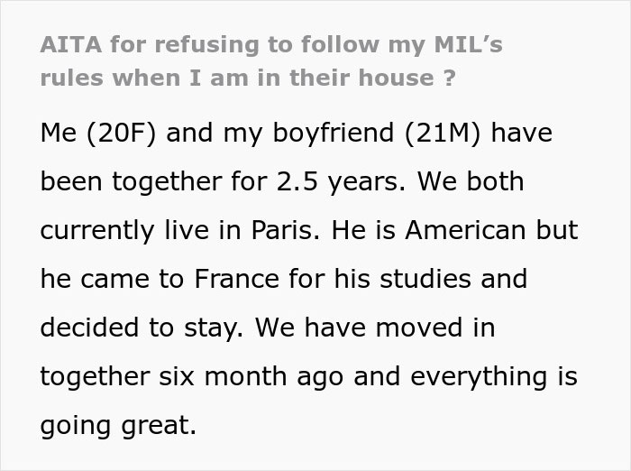 Text excerpt about MIL making son’s girlfriend sleep in different room due to rules about praying and church attendance.