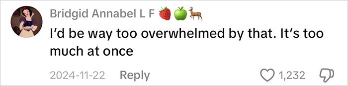 Comment from user Bridgid Annabel expressing feeling overwhelmed by an insane amount of gifts for kids amid consumerism backlash.