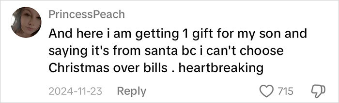 Screenshot of a social media comment about gifts for kids, highlighting consumerism and gift-giving challenges.