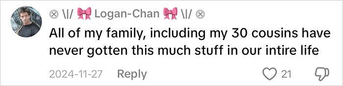 Social media comment about family never receiving an insane amount of gifts, highlighting consumerism and viral mom backlash.