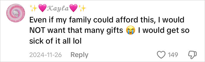 Social media comment reacting to a mom going viral for an insane amount of gifts for her kids with backlash on consumerism.