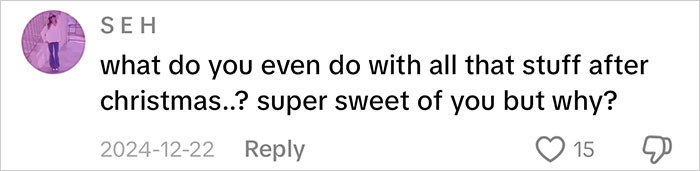 Comment questioning what to do with the insane amount of gifts after Christmas in a viral post about consumerism.