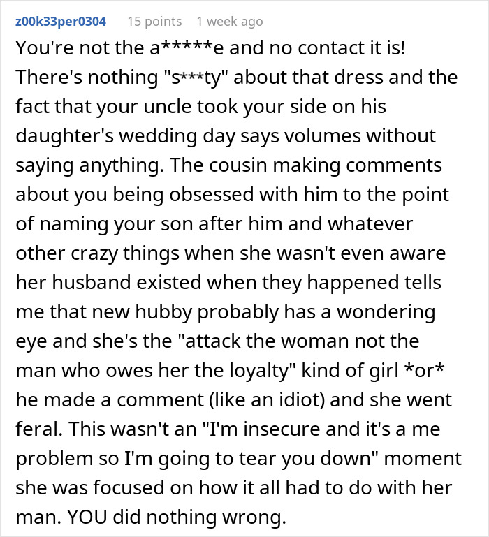 Comment discussing a bride mad at her cousin over a wedding dress and family loyalty conflicts. Comment discussing a bride mad at her cousin over a wedding dress and family loyalty conflicts.