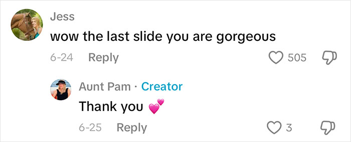 Screenshot of social media comments praising a woman sharing her aging progress and facelift results at 70 years old. Screenshot of social media comments praising a woman sharing her aging progress and facelift results at 70 years old.