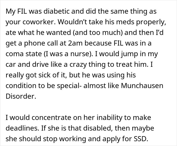 Text excerpt about a woman eating what she shouldn’t and its impact on a coworker’s situation and health.