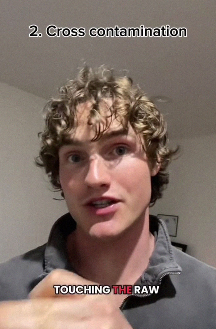 Young man explaining cross contamination risks in wild American food creations that shocked internet viewers. Young man explaining cross contamination risks in wild American food creations that shocked internet viewers.