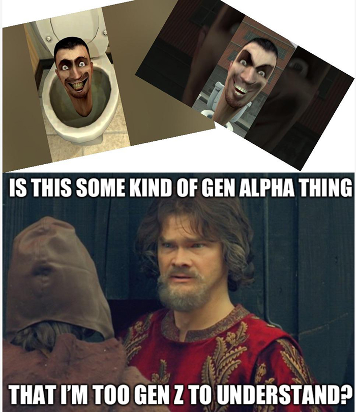 Meme showing confusing Gen Alpha and Gen Z references with distorted faces and a man questioning generation name chaos. Meme showing confusing Gen Alpha and Gen Z references with distorted faces and a man questioning generation name chaos.