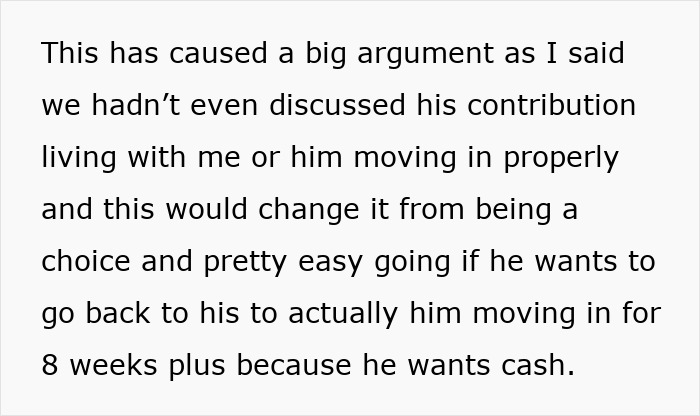 Text discussing argument over boyfriend hosting newly single friend and concerns about sleeping arrangements and living contributions. Text discussing argument over boyfriend hosting newly single friend and concerns about sleeping arrangements and living contributions.