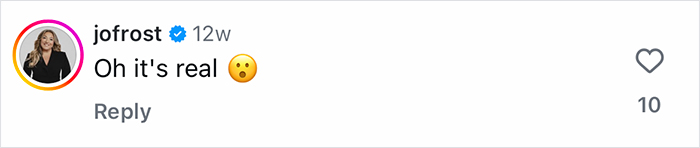 Instagram comment from user jofrost expressing surprise with the text Oh it's real and a shocked face emoji.