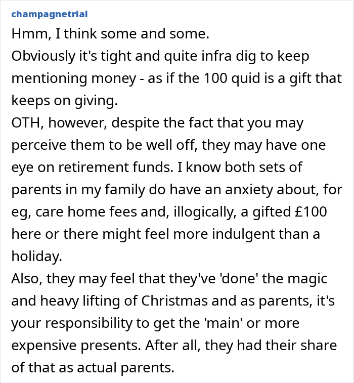 Text post discussing grandparents combining birthday and Christmas gift money, causing the mom to feel scammed. Text post discussing grandparents combining birthday and Christmas gift money, causing the mom to feel scammed.
