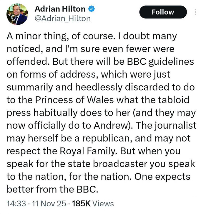 Tweet by Adrian Hilton discussing BBC guidelines and backlash related to Princess Kate and the broadcaster’s headline changes.