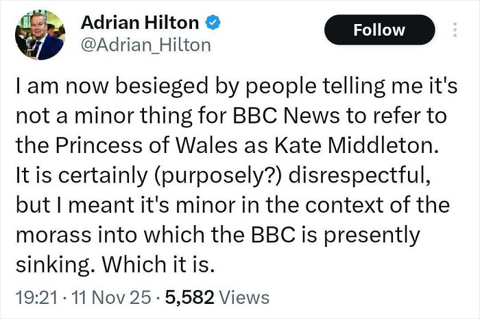 Tweet by Adrian Hilton discussing backlash over BBC naming Princess Kate Middleton, highlighting forced headline change and public reaction. Tweet by Adrian Hilton discussing backlash over BBC naming Princess Kate Middleton, highlighting forced headline change and public reaction.