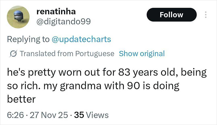 Tweet screenshot criticizing Calvin Klein, 83, for looking worn out and mentioning people's reaction to his boyfriend, 36. Tweet screenshot criticizing Calvin Klein, 83, for looking worn out and mentioning people's reaction to his boyfriend, 36.