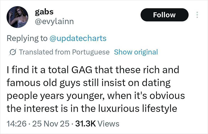 Twitter comment about rich older men dating younger partners highlighting gold digger accusations and Calvin Klein controversy. Twitter comment about rich older men dating younger partners highlighting gold digger accusations and Calvin Klein controversy.