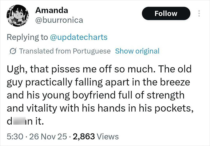 Tweet expressing frustration about an 83-year-old Calvin Klein stumbling and boyfriend’s indifferent reaction. Tweet expressing frustration about an 83-year-old Calvin Klein stumbling and boyfriend’s indifferent reaction.