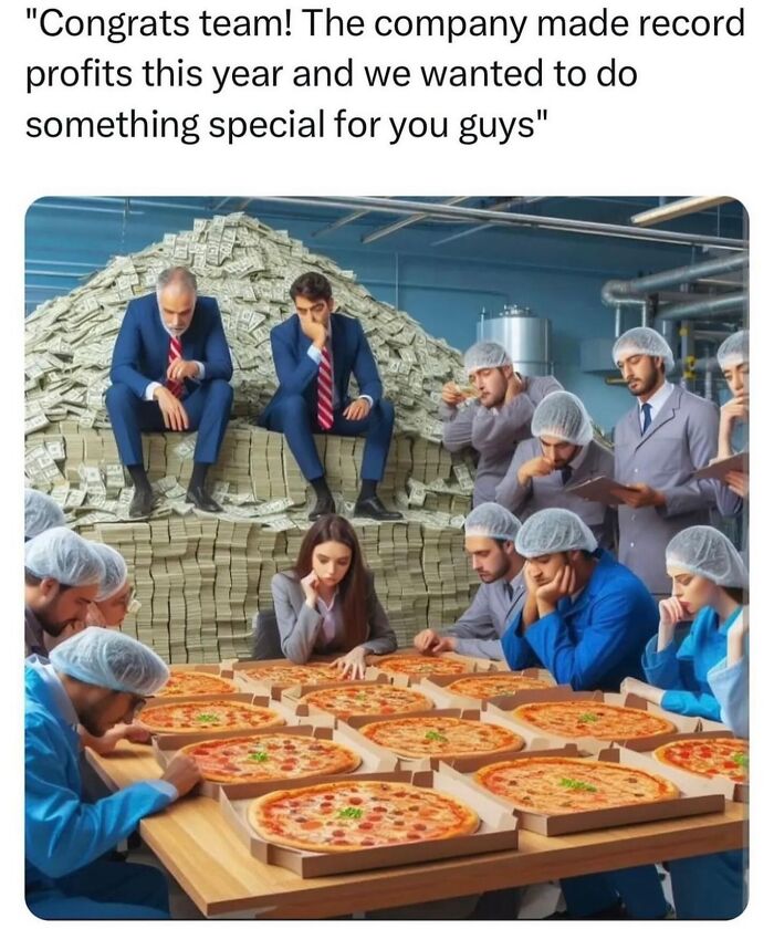 Group of employees wearing hairnets looking disappointed at pizzas on table with huge pile of cash behind them funny memes.