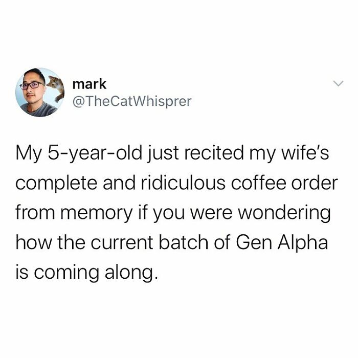 Parenting and marriage tweet about a 5-year-old memorizing a complex coffee order, showing relatable family humor.