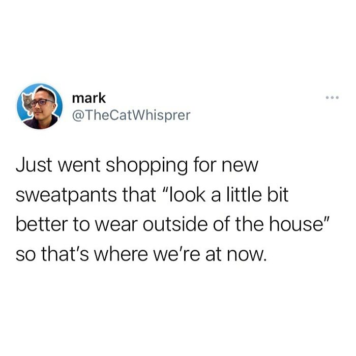 Tweet about shopping for sweatpants that look better to wear outside, reflecting relatable parenting and marriage humor.