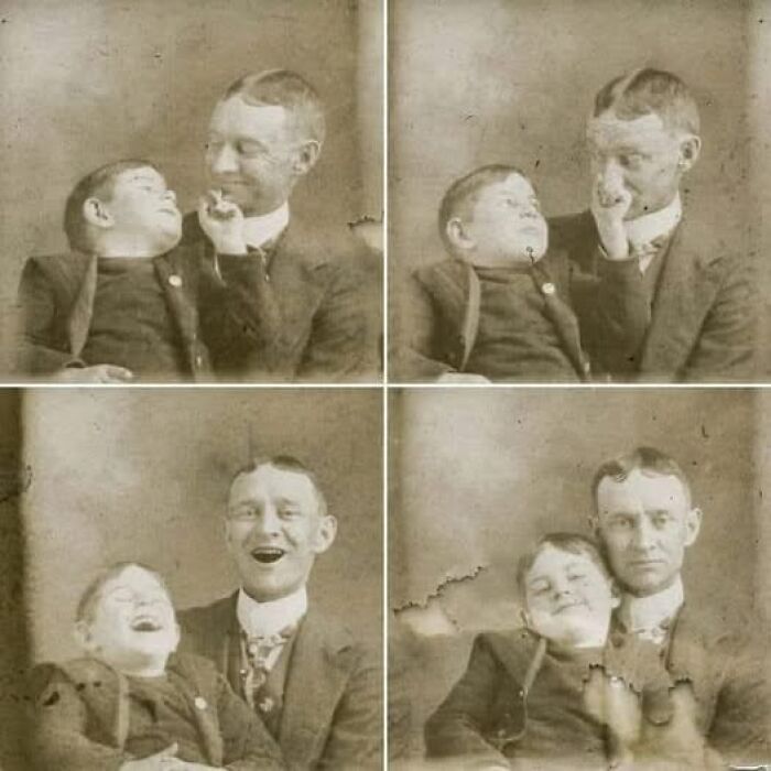 Four Victorian Edwardian pictures showing a man and boy sharing playful and affectionate moments in sepia tones.