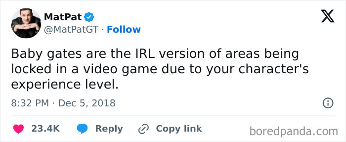 Tweet about baby gates compared to locked video game areas, relevant to funny memes for dads who want to game in peace.