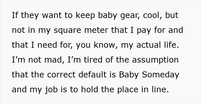 Text excerpt showing frustration about keeping baby gear and managing aunt crib storage baby space in a small living area. Text excerpt showing frustration about keeping baby gear and managing aunt crib storage baby space in a small living area.