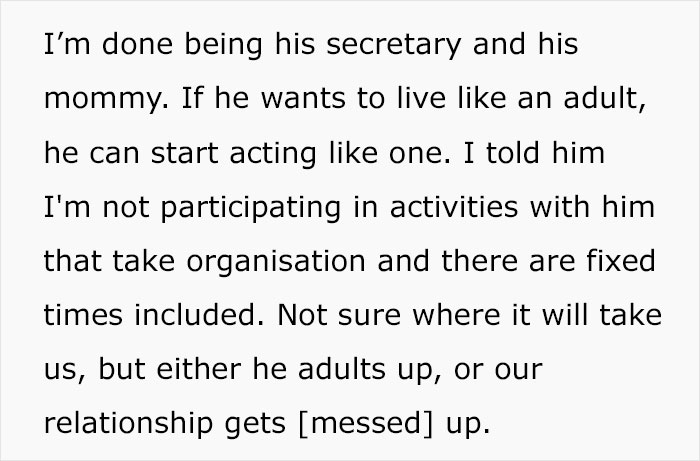 Text showing a woman expressing frustration as she stops treating her husband like a kid, urging him to act like an adult.