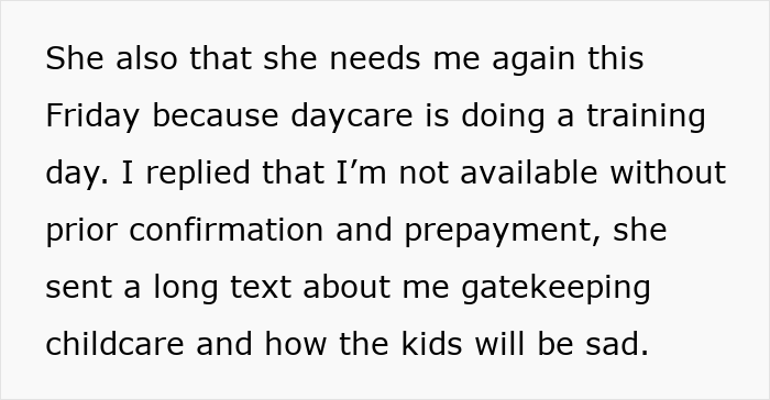 Mom expects free babysitting 24/7 from sister but receives a $312 bill as a reality check on childcare boundaries. Mom expects free babysitting 24/7 from sister but receives a $312 bill as a reality check on childcare boundaries.