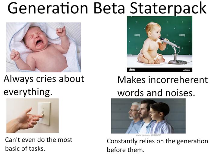 Humorous Generation Beta statterpack with babies and toddlers illustrating generation name chaos for Gen X, Gen Z, Gen Alpha. Humorous Generation Beta statterpack with babies and toddlers illustrating generation name chaos for Gen X, Gen Z, Gen Alpha.