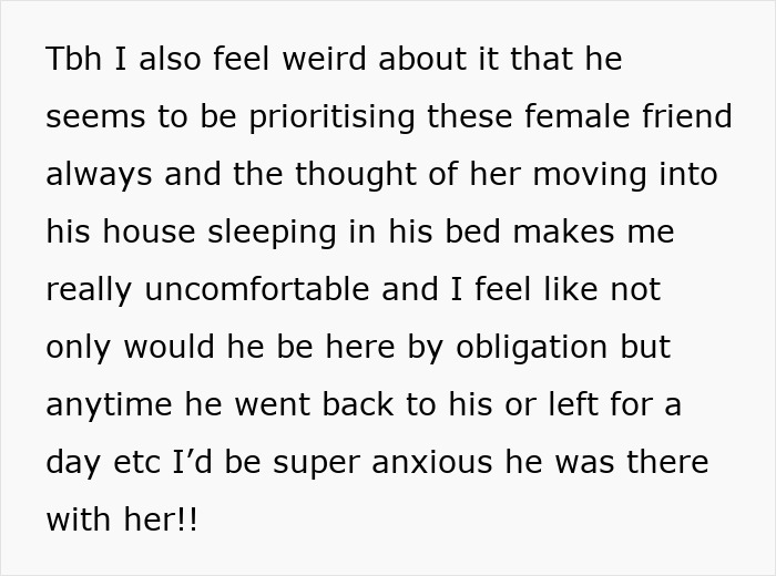 Text message expressing unease about boyfriend prioritizing female friend and discomfort with sleeping arrangements at his house. Text message expressing unease about boyfriend prioritizing female friend and discomfort with sleeping arrangements at his house.