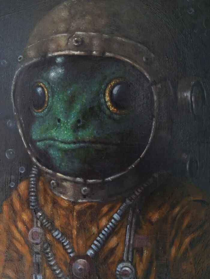 Creepy painting of a frog wearing a vintage diver helmet and suit, showcasing horror art by Tyler Tilley.