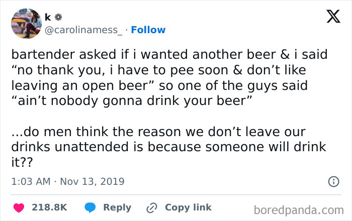 Tweet discussing gender assumptions about leaving drinks unattended, featured on fight the patriarchy page sharing truthful posts and memes.