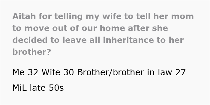 A man supports and houses his in-laws, upset when his mother-in-law excludes his wife from the inheritance will. A man supports and houses his in-laws, upset when his mother-in-law excludes his wife from the inheritance will.