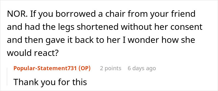 Text conversation about a woman refusing to pay for a borrowed dress she altered without permission.