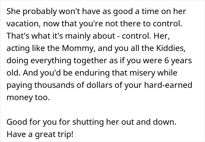 Text discussing a mother-in-law joining a couple on vacation and the control issues that arise during the trip. Text discussing a mother-in-law joining a couple on vacation and the control issues that arise during the trip.