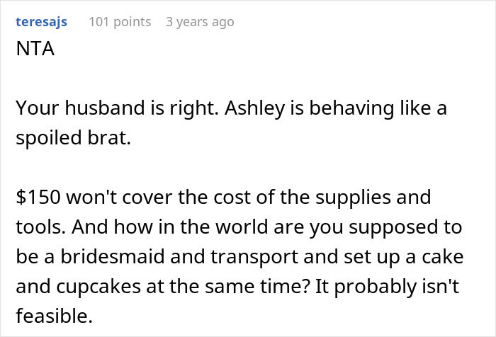 Screenshot of a forum comment discussing a bride wanting to upgrade her honeymoon at bridesmaid’s expense and the backlash received.