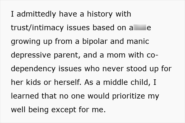 Text about trust and intimacy issues from a bipolar and manic depressive parent influencing prioritizing personal well-being.