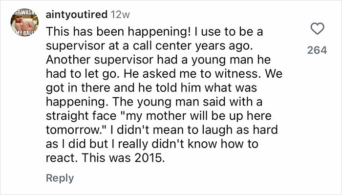 Comment describing a supervisor's story about a young worker whose mother intervened at work, illustrating Gen-Z reliance on parents.