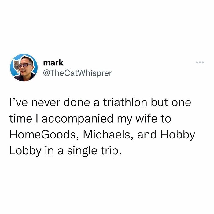 Tweet about relatable parenting and marriage moments humorously comparing shopping trips to a triathlon challenge.