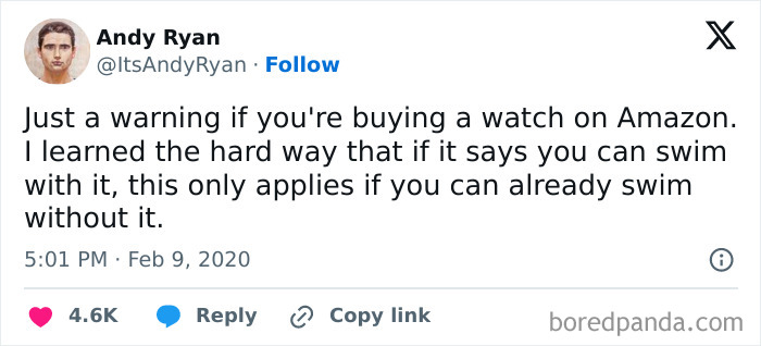 Tweet warning about buying a watch from Amazon with misleading swimming capability, illustrating unhinged people doing exactly what asked.