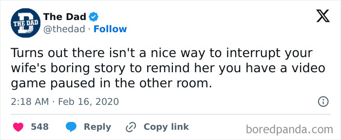 Tweet from The Dad humorously about dads wanting to play video games peacefully without interruptions from family.