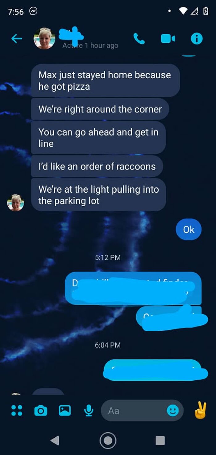 Text message screenshot showing autocorrect error changing pizza order to raccoons in a funny autocorrect fail.