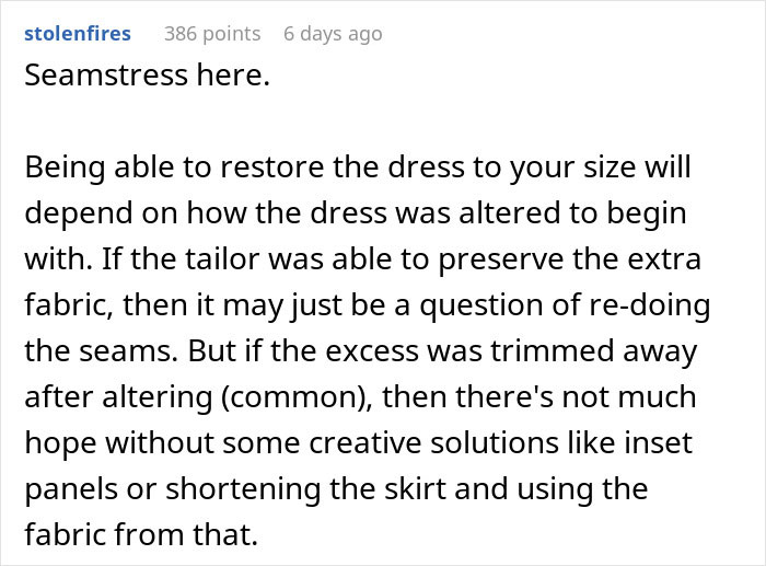 Comment discussing dress alteration challenges and solutions when restoring a borrowed dress without permission.